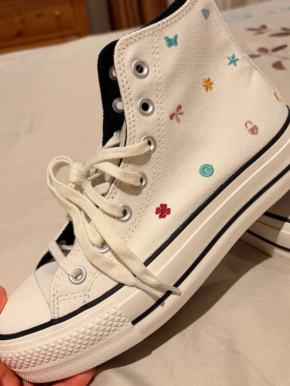 Converse High-Top Sneakers in Cream with Multicolor Embroidery